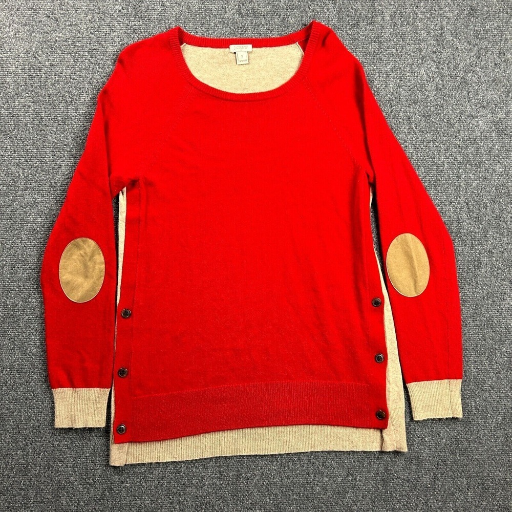 J Crew Sweater Womens Small Red Tunic‎ Elbow Patches Wool Blend Adults